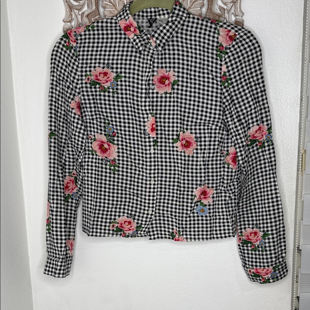 H&M Black and White Checkered Blouse with Pink Floral Design